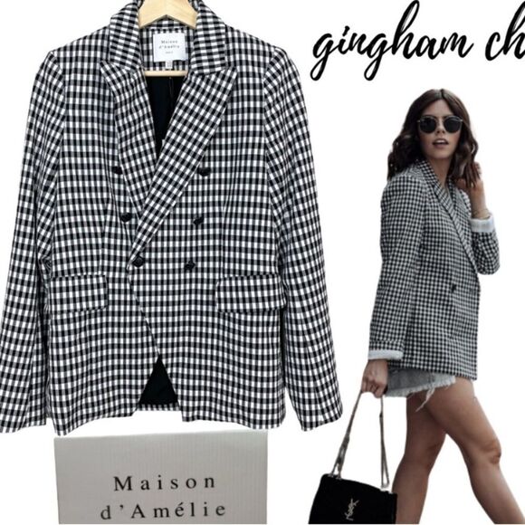 ANTHROPOLOGIE Blazer NEW Maison d’ Amelie Gingham Jacket Black White Size XS - Picture 1 of 13